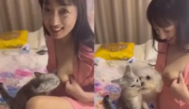 คลิปหลุด  สาววัยใสลองเอานมให้แมวกิน